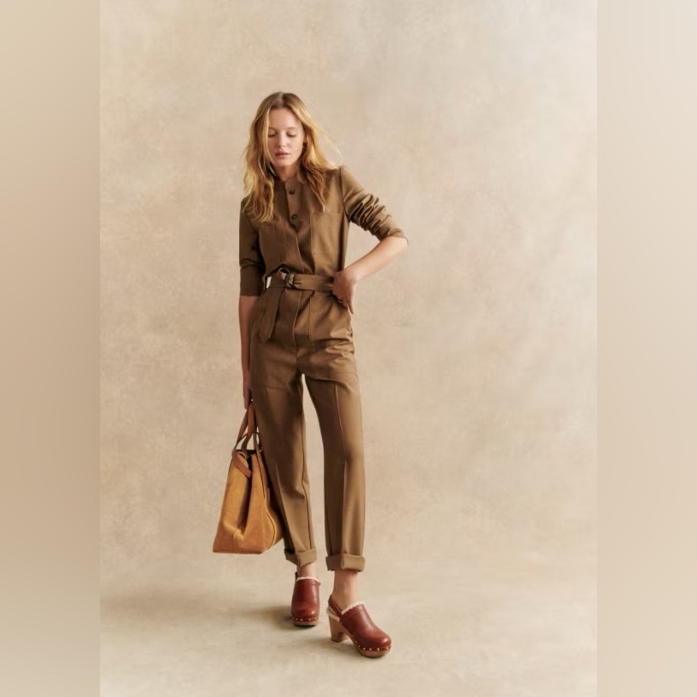 Sezane Edith Jumpsuit Beige Camel Tall Sz. Fr. 40/ UK- 12/ US- 8 - Picture 2 of 9